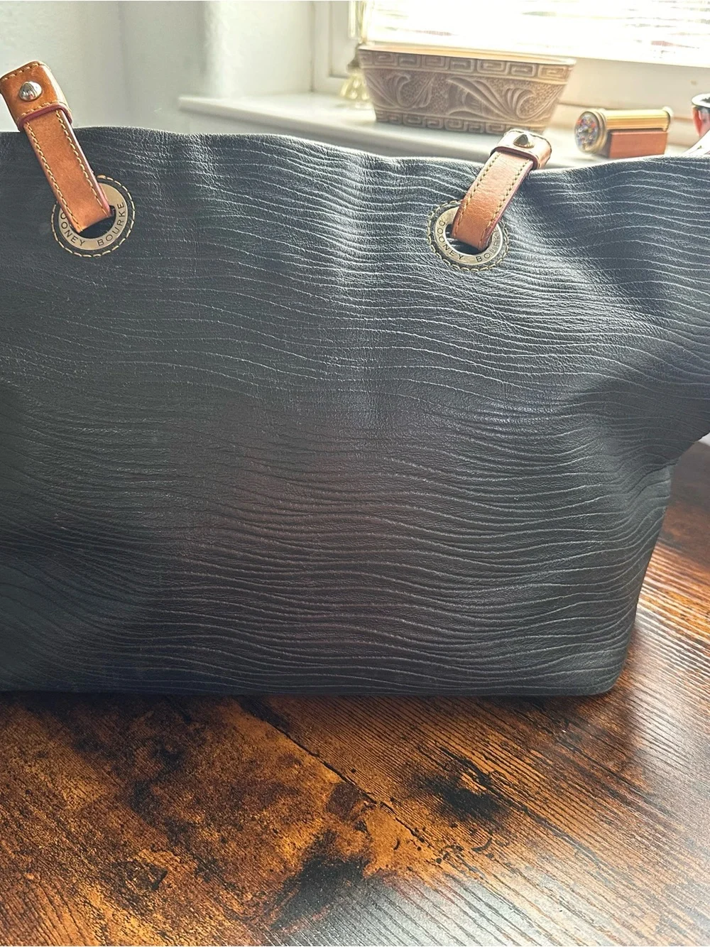 Dooney & Bourke Black Tote with Brown Leather Handles